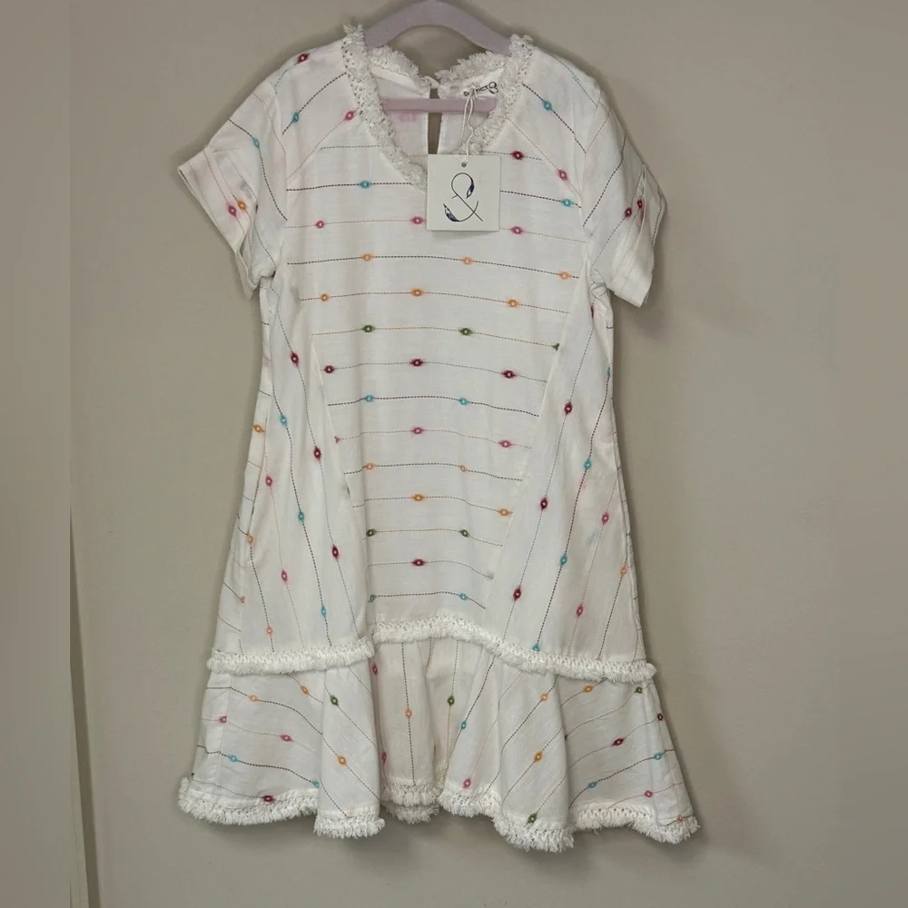 NWT Poppet & Fox: Girls White Dress with Colorful Aztec Design, Size 6